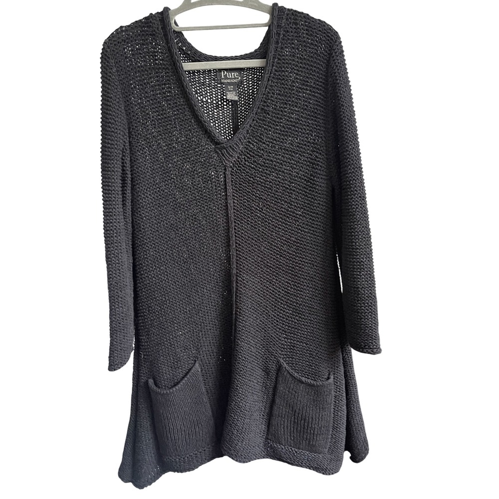 Pure‎ Handknit Black V Neck Open Knit Tunic Sweater Dress S M